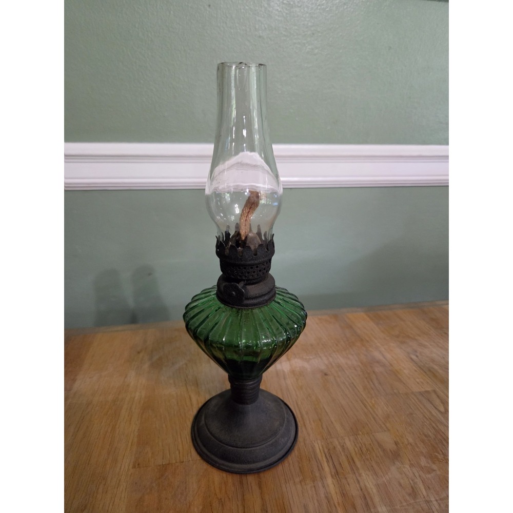 Vintage Oil Lamp, All Glass And Metal, 10" Tall Working, Hong Kong VG+